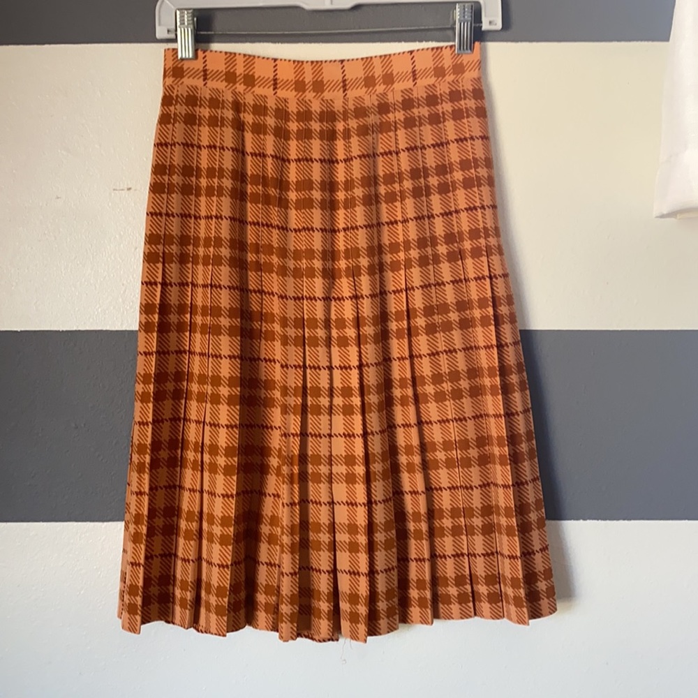 High waist preppy orange plaid pleated midi skirt - Picture 3 of 16